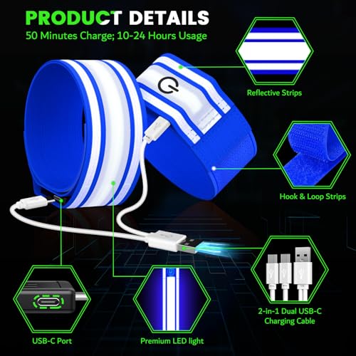 LED Running Armband - Rechargeable Light Up Wristbands, 2 Pack