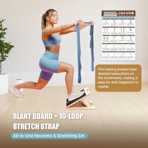 Calf Stretch Slant Board with Strap - Adjustable Wooden Incline Board - Black
