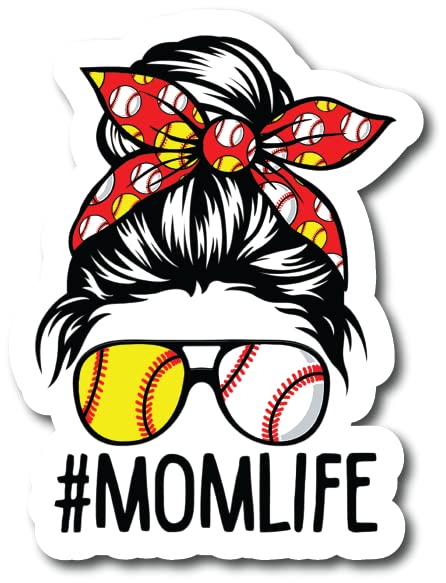Mom Life Decal Sticker Pack - Messy Bun Softball & Baseball - 5 Inch