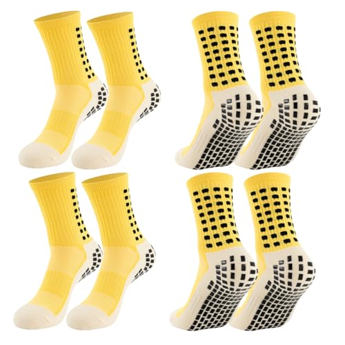 Anti-Slip Grip Soccer Socks for Men - 4 Pairs, One Size - Yellow