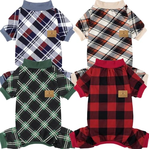 XPUDAC 4-Pack Small Dog Pajamas X-Small Plaid Christmas Pet Onesies, Red Green Khaki Grey