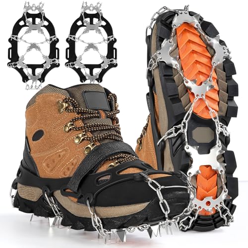 AOOELLO Black Large Ice Crampons with 28 Stainless Steel Spikes for Hiking & Mountaineering