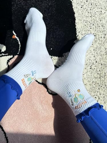 Women's Non-Slip Pilates Socks with Ruffle Cuff & Embroidery - Blue