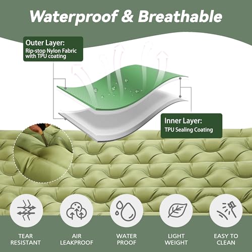Double Camping Pad 5" Ultra-Thick with Pillow & Built-in Foot Pump