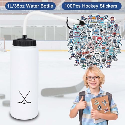 RhythmFit Hockey Water Bottle with Long Straw - 1# 35oz Sports Hydration Bottle + 100 Stickers