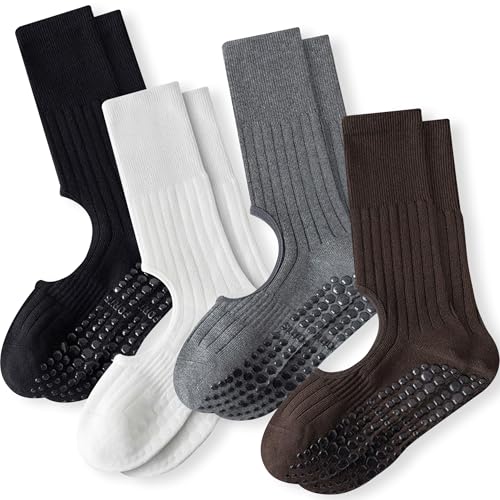 Grip Socks for Pilates & Yoga - 4 Pairs Black, White, Grey, Brown