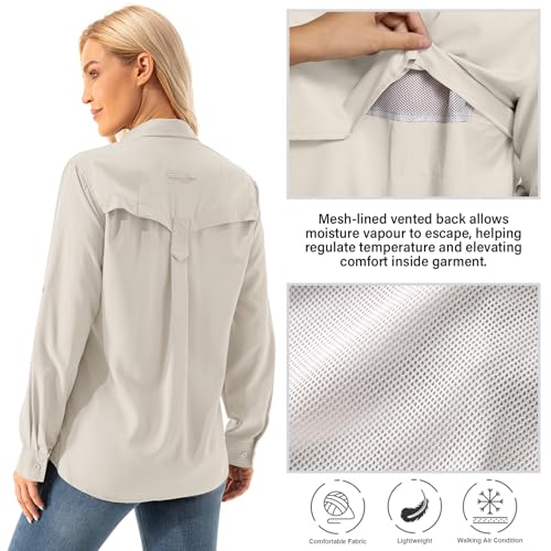 Jessie Kidden Women's SPF Sun Safari Long Sleeve Quick Dry Hiking & Fishing Shirt - Small Light Khaki