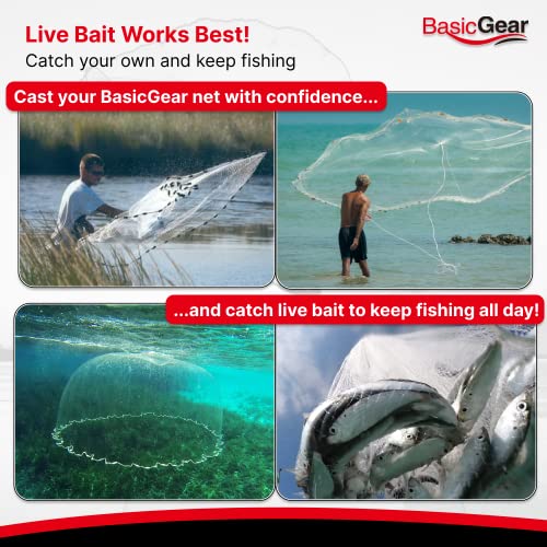 BasicGear 4ft Radius Cast Net with 1/4 inch Mesh for Bait Fish - Heavy Duty