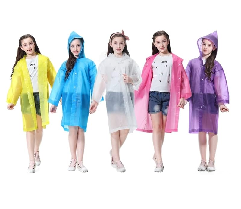Kids Rain Poncho - Reusable EVA Raincoat with Hood, Pink+Purple