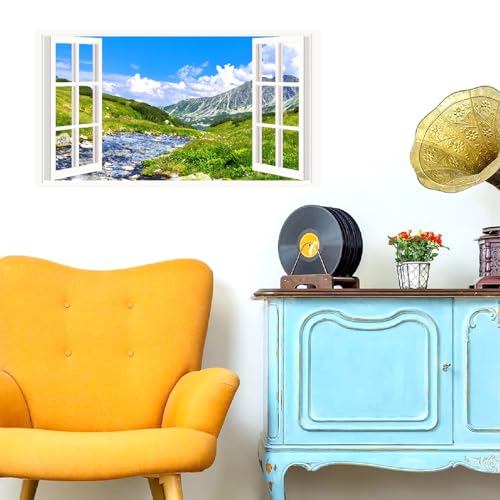 Landscape Wall Sticker Decor 3D Fake Window Mountain Scenery Wall Sticker Peel and Stick Wall Art Wallpaper Removable Faux Window Wall Mural Decal for Bedroom Living Room