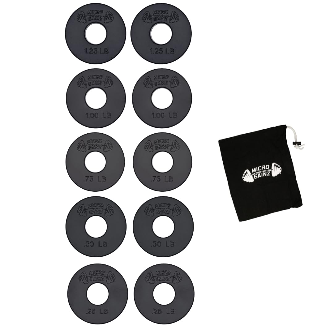 Micro Gainz 1-Inch Center Hole Standard Fractional Weights Plate Sets, 10 Piece Dumbbell & Barbell Set of Plates with Bag for Strength Training and Weight Lifting, Made In USA (Black)