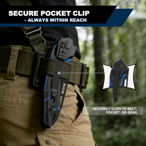 Folding Pocket Knife with Clip - EDC Tactical Knife - Black/Blue