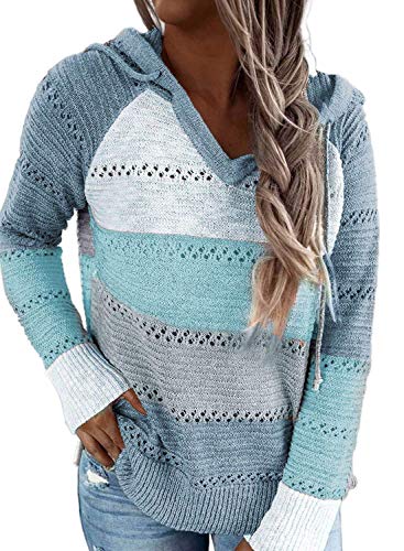 BLENCOT Blue Medium Striped Crochet Fall Sweater Hoodie for Women