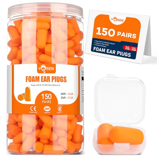 VOISEN 150 Pairs Foam Ear Plugs, Ear Plugs for Sleeping Noise Cancelling, 32dB NRR, 37dB SNR Earplugs for Sleeping, Snoring, Studying, Loud Events, Traveling & Concerts, A Storage Box, Orange