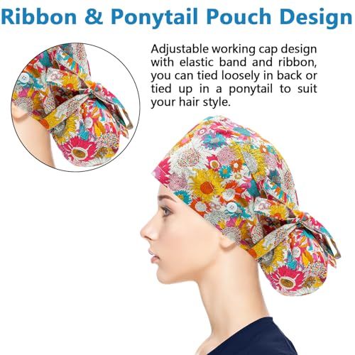 Adjustable Ponytail Scrub Cap with Buttons - Sunflowers