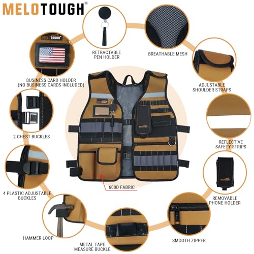 MELOTOUGH Tool Vest Safety Work Vest with Adjustable Straps,Removable Phone Holder for Electrician,Construction,Carpenters