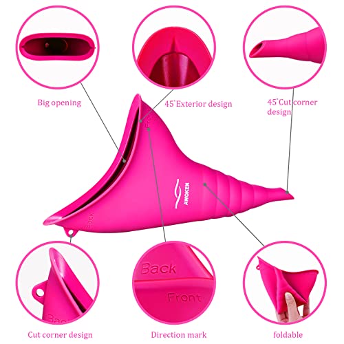 AWOKEN Rose Red Female Urination Device - Silicone Standing Pee Funnel for Women, Reusable Camping/Hiking
