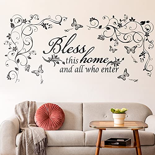 Living Room Wall Decals Stickers Bless This Home and All Who Enter Removable Vinyl Quotes Black Flowers Vine Wall Stickers Butterfly Wall Sticker Murals Peel and Stick Art for Home Decorations