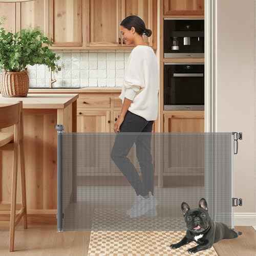 Retractable Safety gate, pet/Dog/cat Temporary Door, Baby Safety Temporary Door, mesh Soft Material, Expands to 55.1" Wide, Suitable for Stairs/corridors/Indoor/Outdoor(Grey,33.5"x55.1")