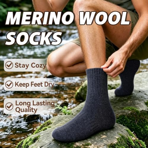 Merino Wool Hiking Warm Winter Boot Socks for Women Men – Medium, Black/Light Grey/Grey/Khaki/Brown (Eocom)