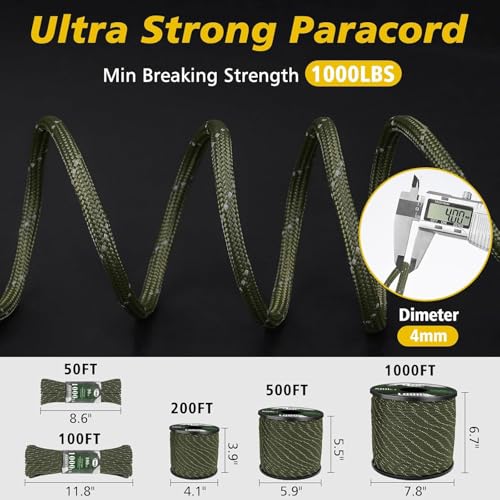Reflective 1000lb Paracord 4mm Heavy Duty Camping Rope - Olive, 50ft