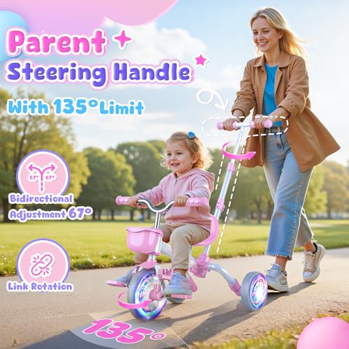 Toddler 5-in-1 Bike for Ages 1-5 - Tricycle with Pink Light-Up Wheels