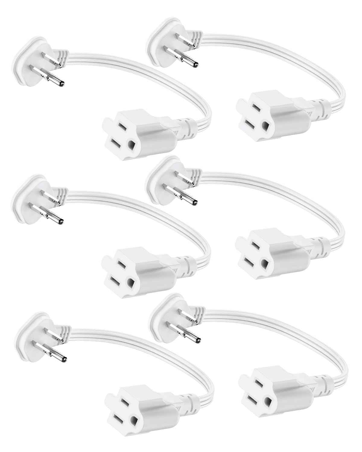 Flat Plug 1Ft Short Extension Cord, White 90-Degree Plug Low Profile Power Adapter, 3-Prong Indoor Grounded Small Extension Cord 16AWG 13A 1625W 6 Pack