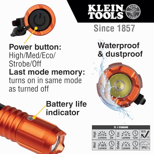 Klein Tools 56411 Rechargeable Pocket Flashlight, 275 Lumen, Dual-Direction Pocket Clip, Waterproof, Drop Rated, EDC Flashlight