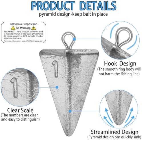 Pyramid Fishing Sinkers Kit - 1 Ounce, 10PCS Durable Weights