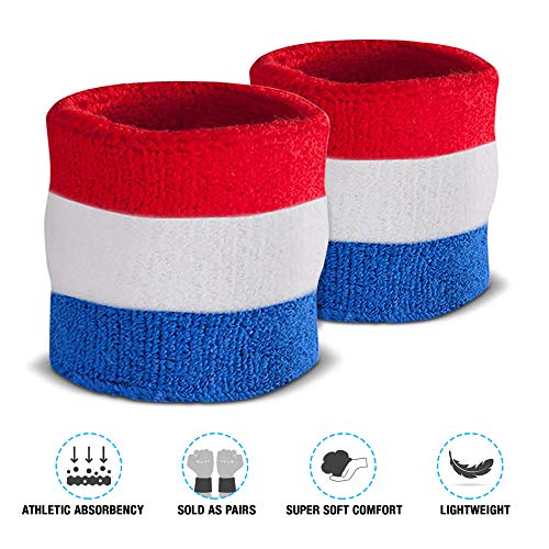 Athletic Sweatband Set - Moisture Wicking Headband & Wristbands, Red White and Blue