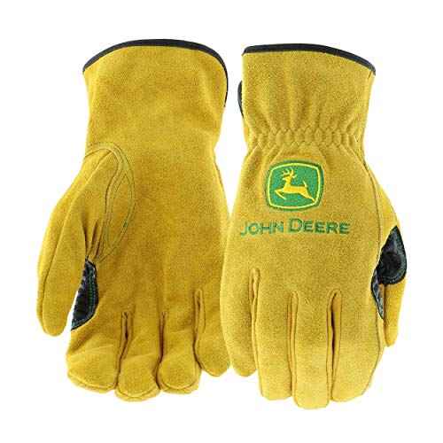 John Deere JD00004 Leather Gloves - Medium Size Split Cowhide Work Gloves with Shirred Elastic Wrist. Hand Protection Wear