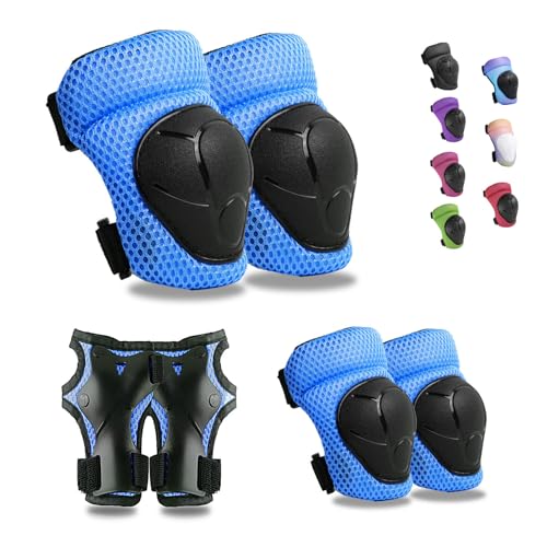 Kids Protective Gear Set - Knee Pads, Elbow Pads, Wrist Guards - Blue - Free Size (4-12 Years)