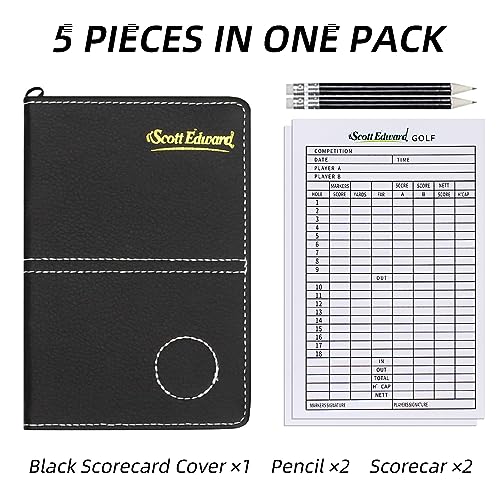 Golf Scorecard Holder - Black Waterproof Leather Cover with Straps