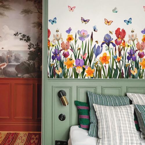 Runtoo Garden Flower Wall Art Decals Wildflower Floral Butterfly Wall Stickers Girls Bedroom Living Room Nursery Wall Decor