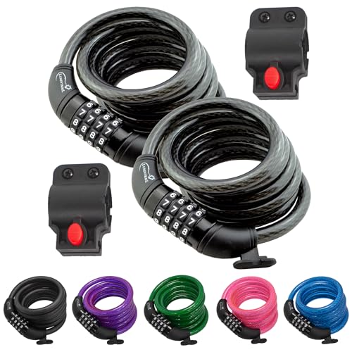 Black 2-Pack 6ft Heavy Duty Bike Cable Locks with Mounting Brackets - Anti-Theft Combination