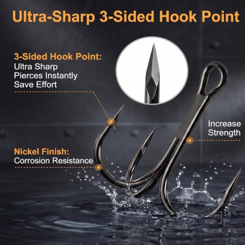 Yatrouys Black Treble Fishing Hooks Size 6 - 100pcs, High Carbon Steel, Super Sharp