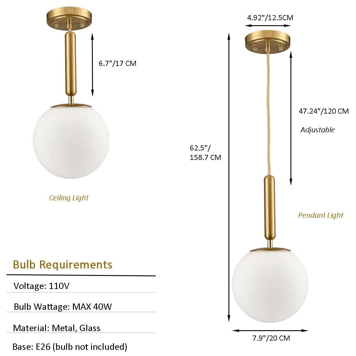 DIRYZON Mid Century Gold Pendant Lighting for Kitchen Island, Modern Hanging Pendant Light Fixture with Globe Milky White Glass for Bedroom Bathroom Entryway 7.9 Inch