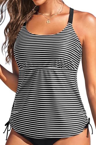 Holipick Womens Tankini Swim Top Only - Striped Large, Loose Fit Modest Bathing Suit