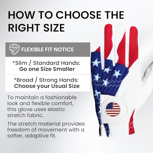 Golf Gloves for Men - Right Handed with Ball Marker - Large White & USA Flag