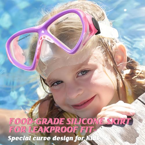 ACQCES Kids Swim Goggles Snorkel Mask 5-15, Anti-Fog, Pink Purple