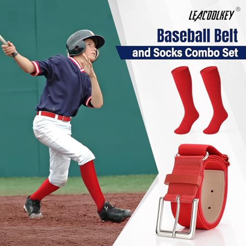 LEACOOLKEY Baseball Belt and Socks Combo Set F-red Adult – Adjustable softball belt & socks