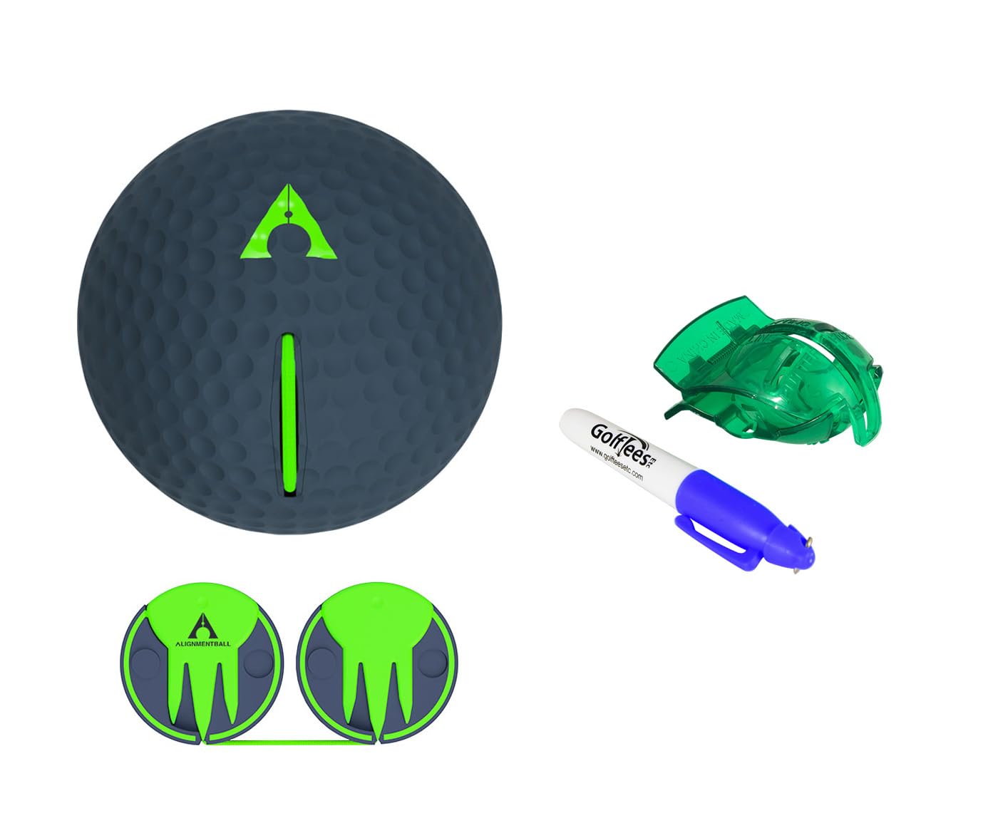 The Alignment Ball - Golf Training Aid for Setup & Alignment - Alternative to Sticks/Rods. Bundle with Golf Ball Alignment Stencil & Pen (Black/Green)
