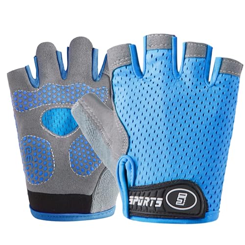 Kids Cycling Gloves - Half Finger Non-Slip Bike Gloves - Blue, Medium