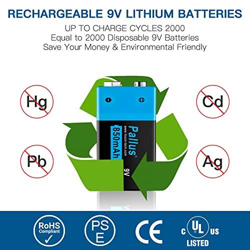Pallus 9v Rechargeable Batteries, 4-Pack 850mAh 9 Volt Li-ion Batteries with 9V Battery Charger for Smoke Detectors, Alarms, Wireless Microphones, Toys, Flashlights & More
