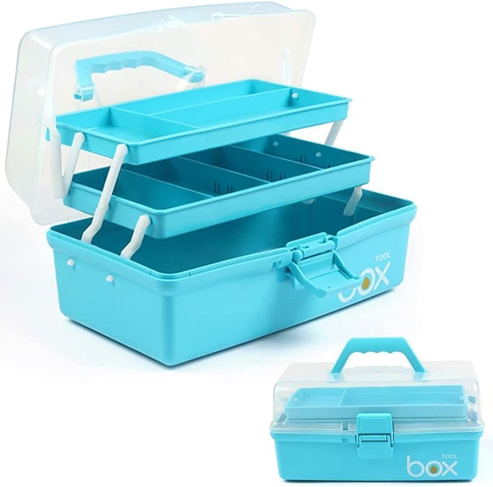 Skiennix 12-Inch 3-Layer Craft Organizer - Portable Folding Tackle Box with Adjustable Dividers | Blue