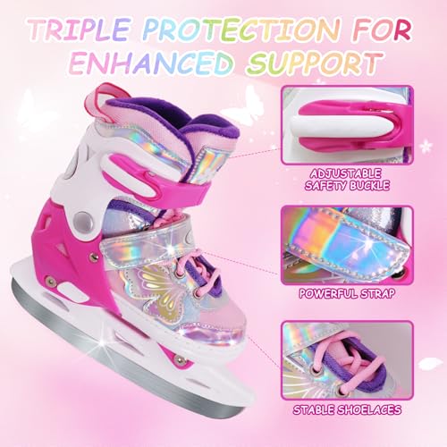 Kids Adjustable Butterfly Ice Skates for Girls - Size 4, Fleece Lining, Outdoor & Rink