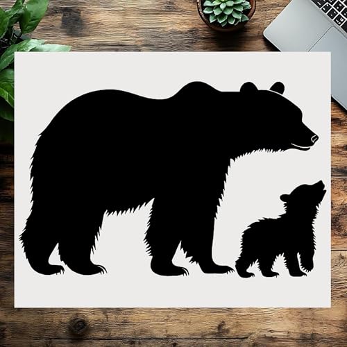 Mother Bear and Cub Silhouette Stencil 8.5x11 Inch Reusable Plastic Template for Painting Crafts and Woodland Art D?cor