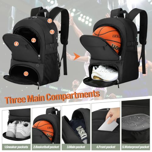 OCKLILY Large Sports Equipment Backpack with Ball & Shoe Compartments - Black, 30L