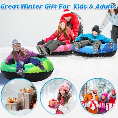 Inflatable Snow Tubes - 3 Pack Heavy Duty Sleds for Family Fun - Green, Pink, Blue