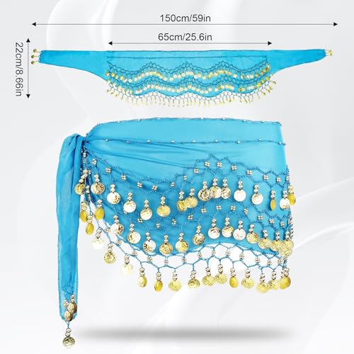Belly Dance Hip Scarf - 3-Layer Gold Coin Design - Lake Blue